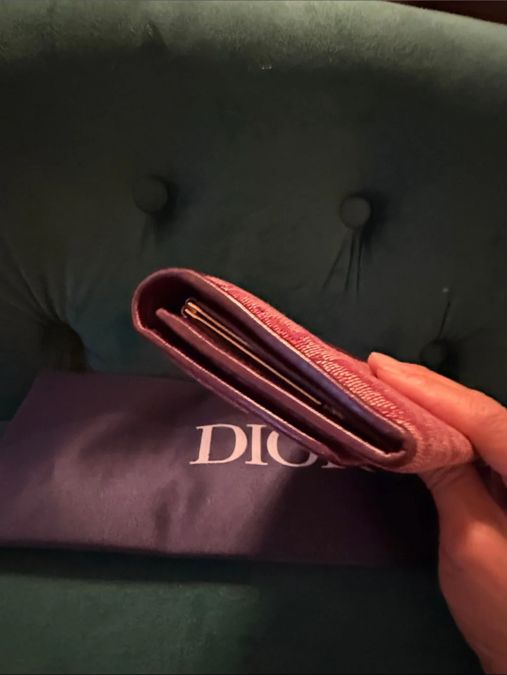 Dior Vintage Trotter Burgundy Continental Kisslock Wallet with Navy Dust Bag